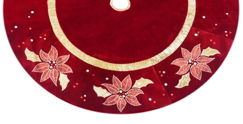 48" Burgundy Applique and Embroidered Poinsettia Velvet Christmas Tree Skirt