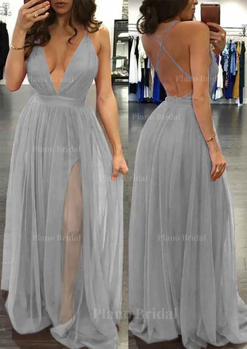 A-line/Princess V Neck Sleeveless Sweep Train Tulle Prom Dress