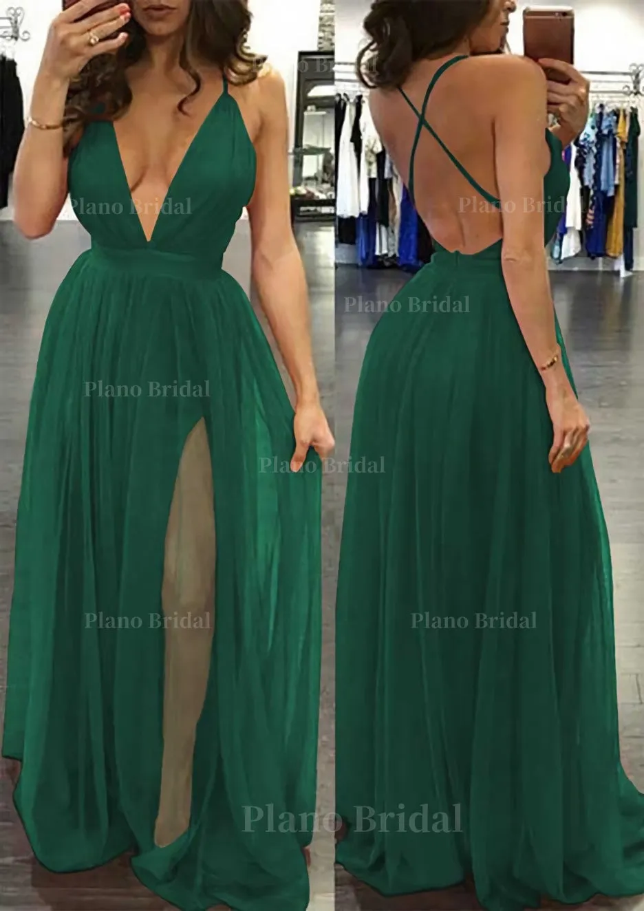 A-line/Princess V Neck Sleeveless Sweep Train Tulle Prom Dress