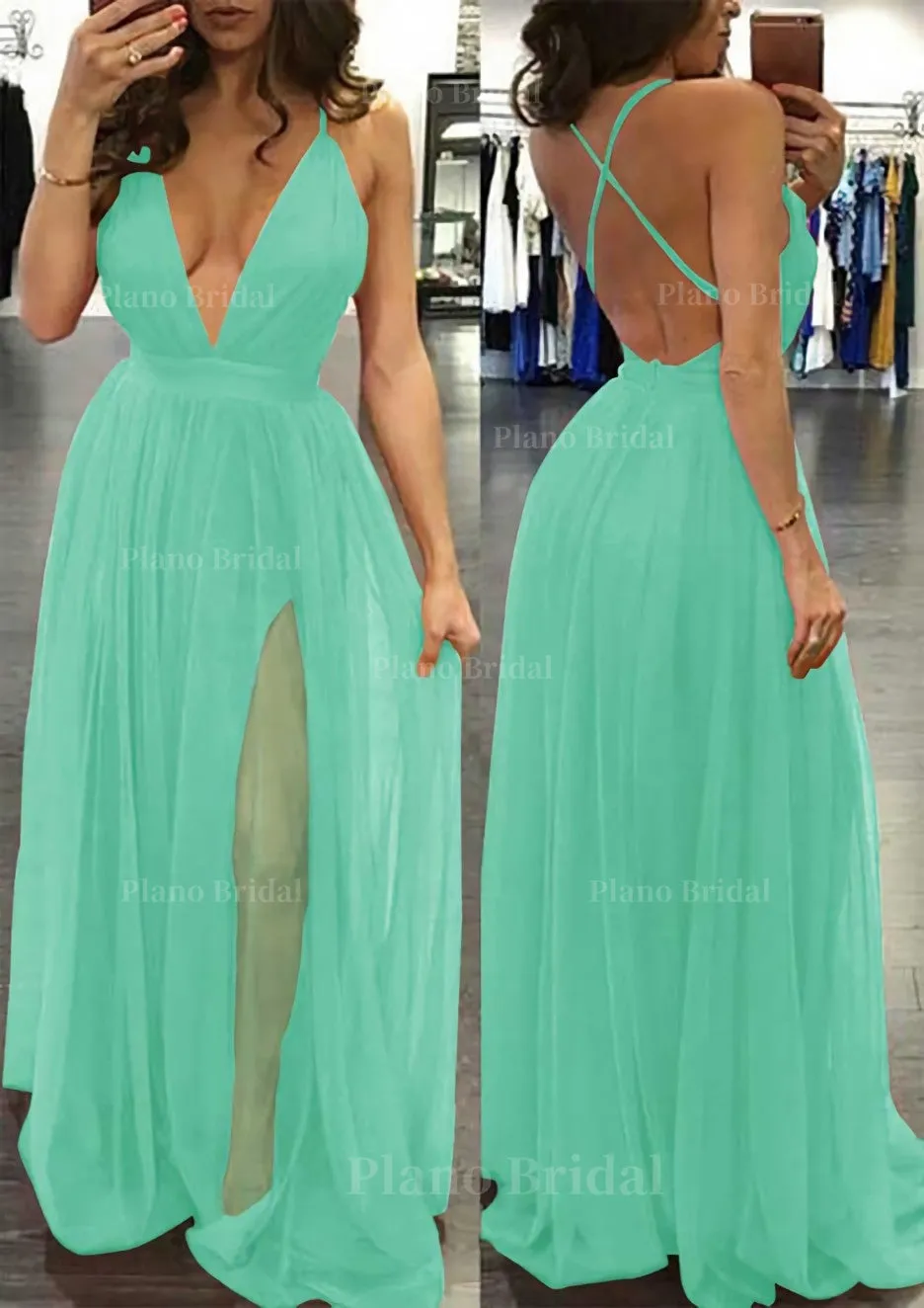 A-line/Princess V Neck Sleeveless Sweep Train Tulle Prom Dress