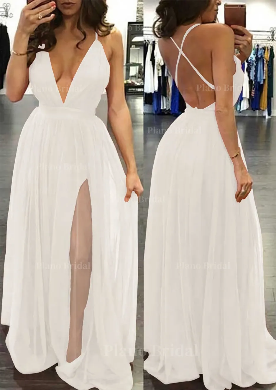 A-line/Princess V Neck Sleeveless Sweep Train Tulle Prom Dress