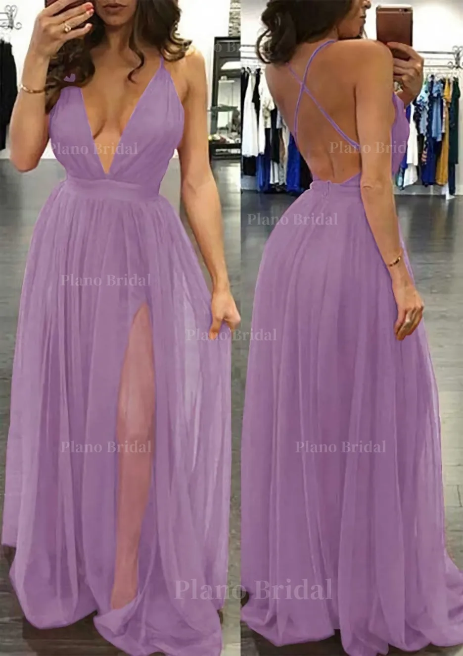 A-line/Princess V Neck Sleeveless Sweep Train Tulle Prom Dress