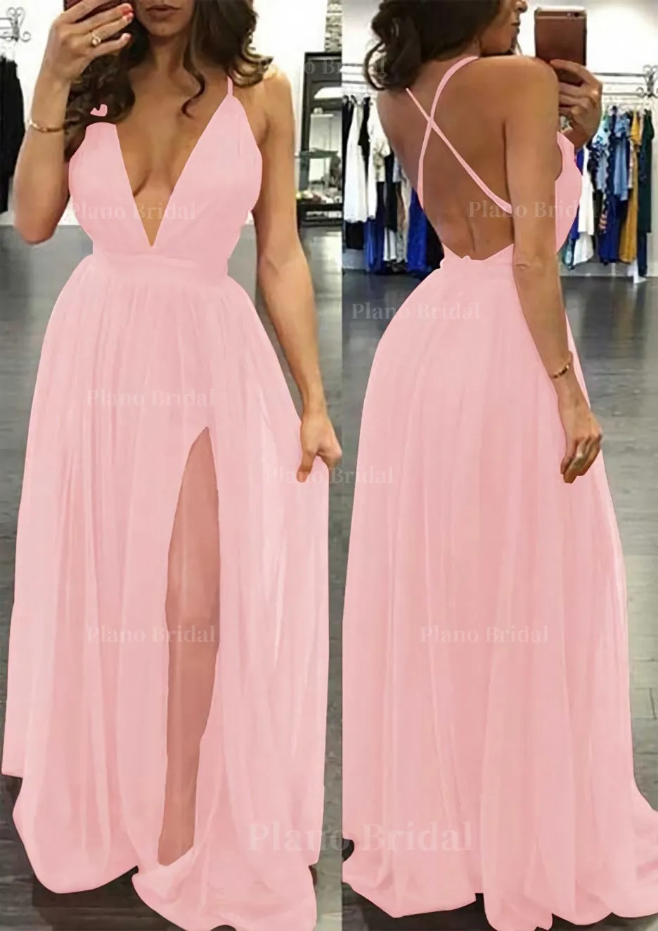 A-line/Princess V Neck Sleeveless Sweep Train Tulle Prom Dress