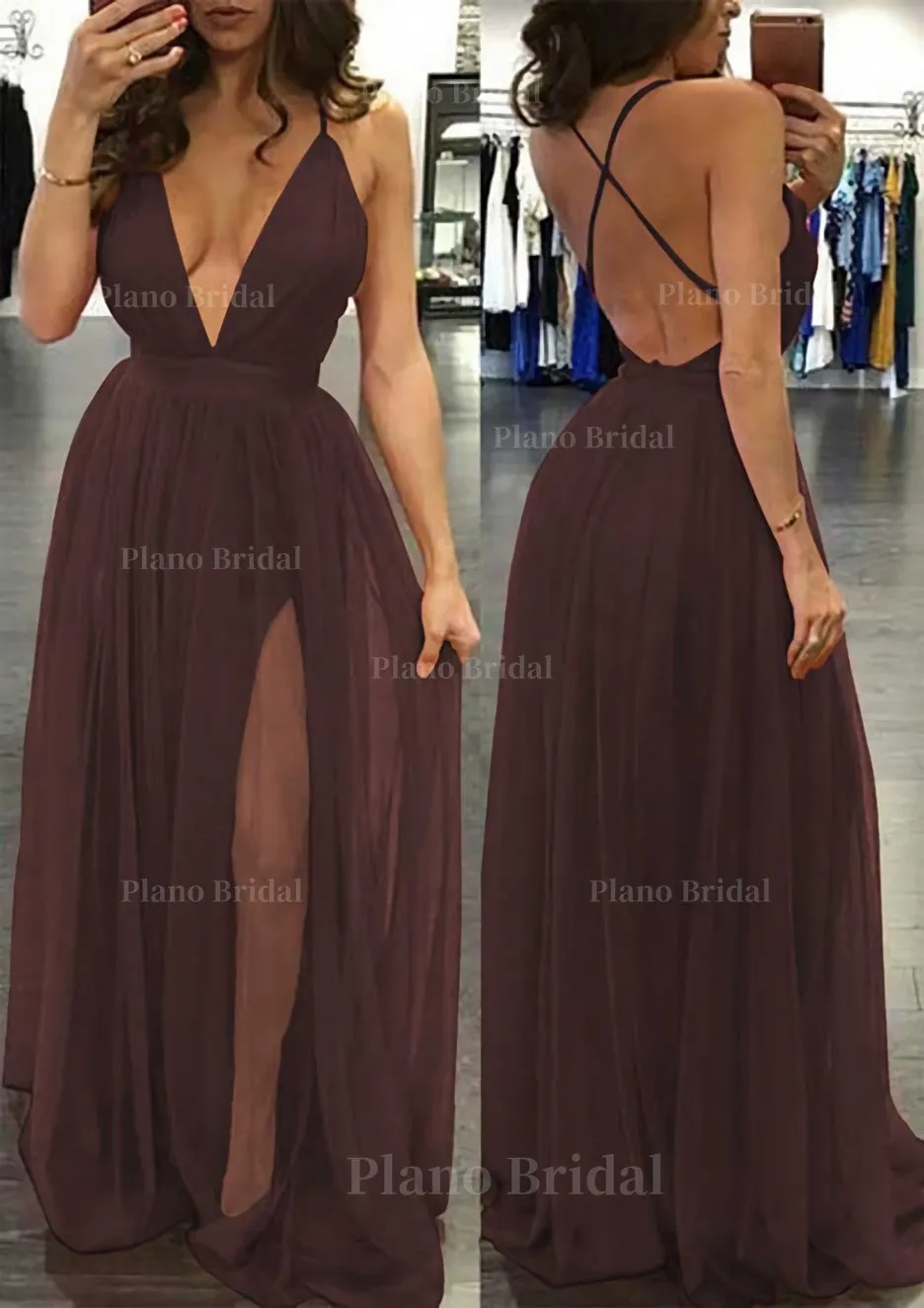 A-line/Princess V Neck Sleeveless Sweep Train Tulle Prom Dress