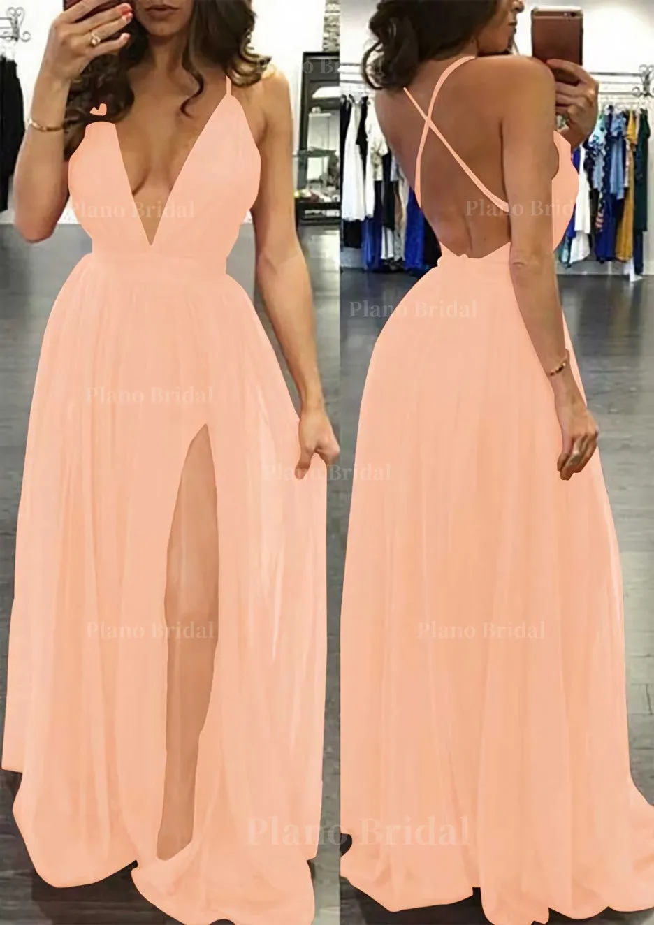 A-line/Princess V Neck Sleeveless Sweep Train Tulle Prom Dress