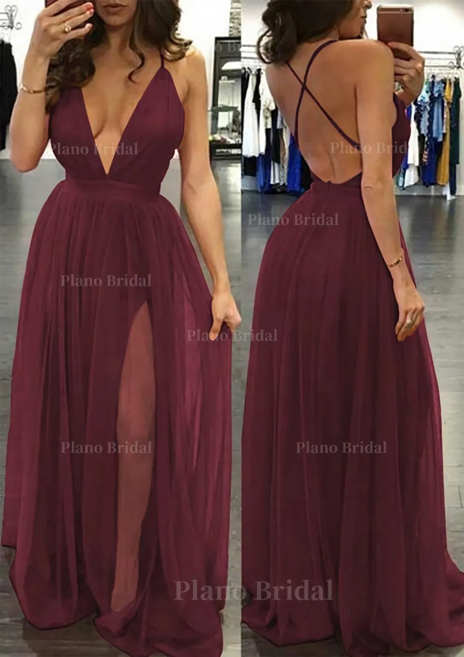 A-line/Princess V Neck Sleeveless Sweep Train Tulle Prom Dress