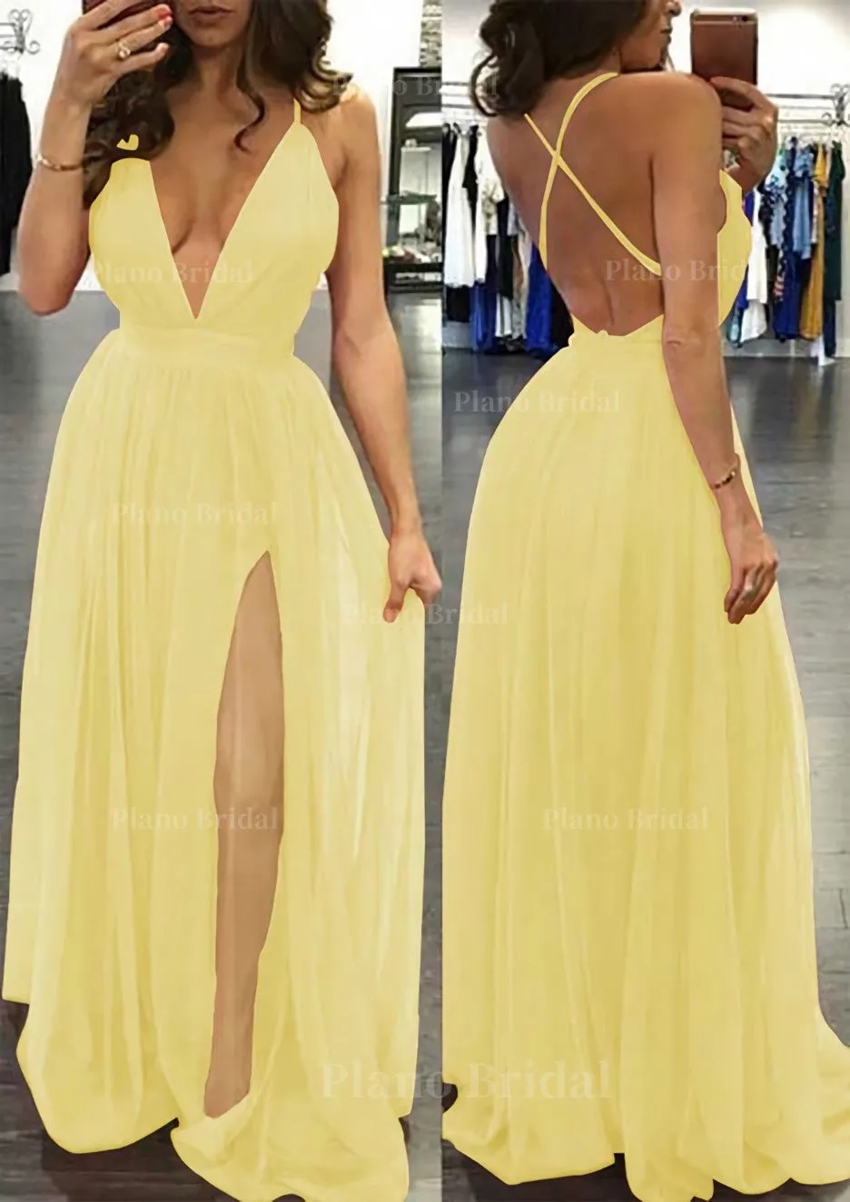 A-line/Princess V Neck Sleeveless Sweep Train Tulle Prom Dress
