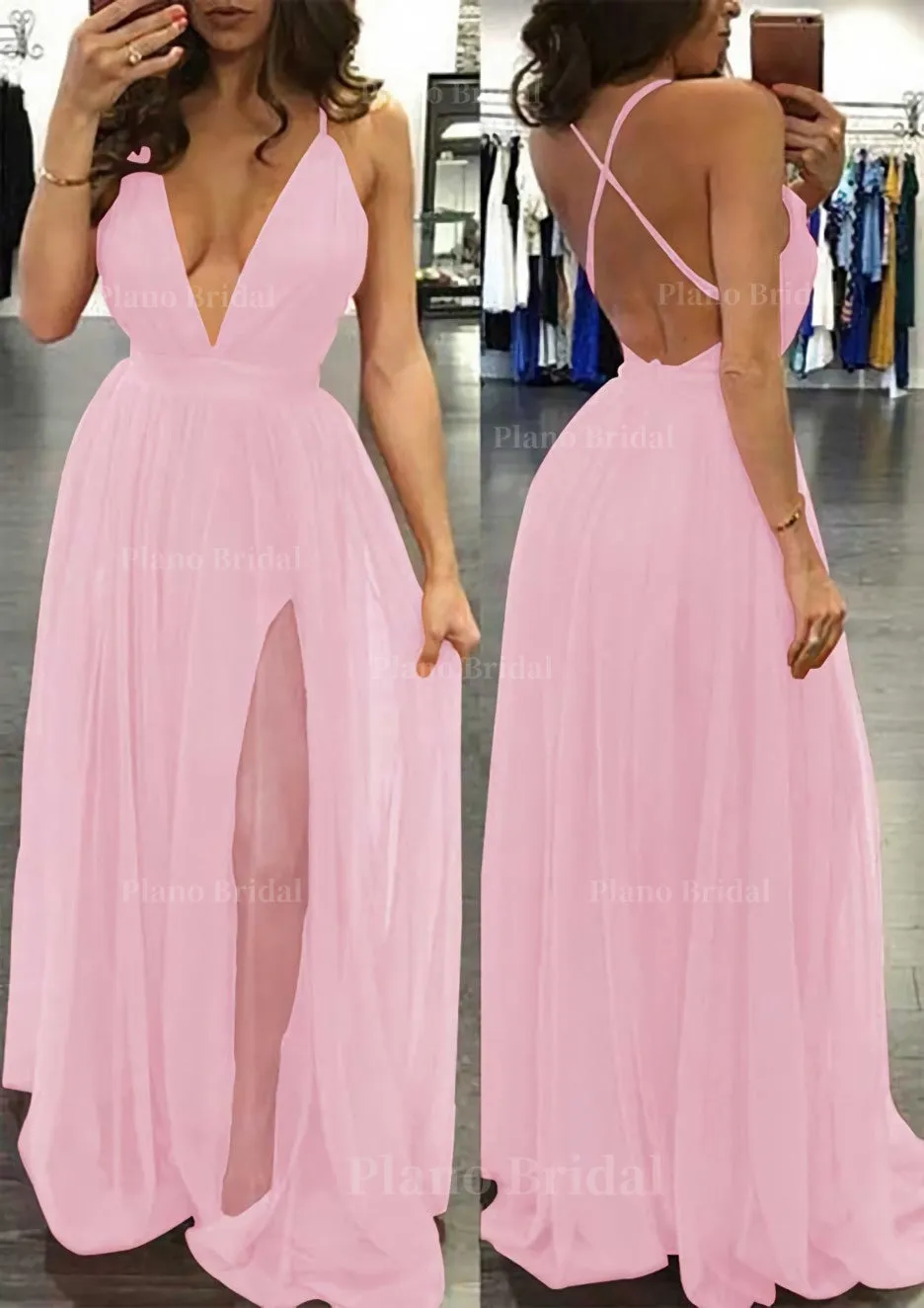 A-line/Princess V Neck Sleeveless Sweep Train Tulle Prom Dress
