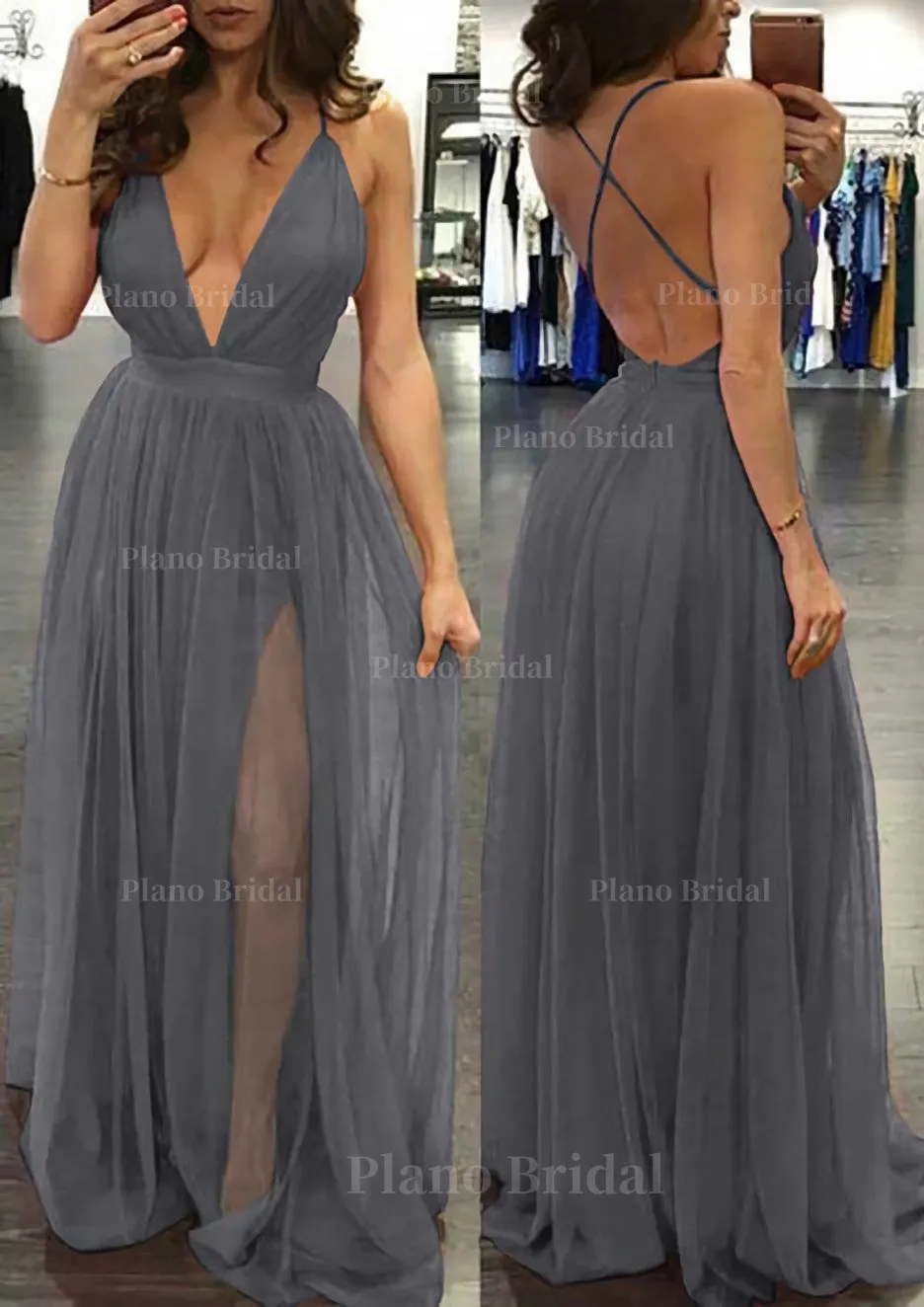 A-line/Princess V Neck Sleeveless Sweep Train Tulle Prom Dress
