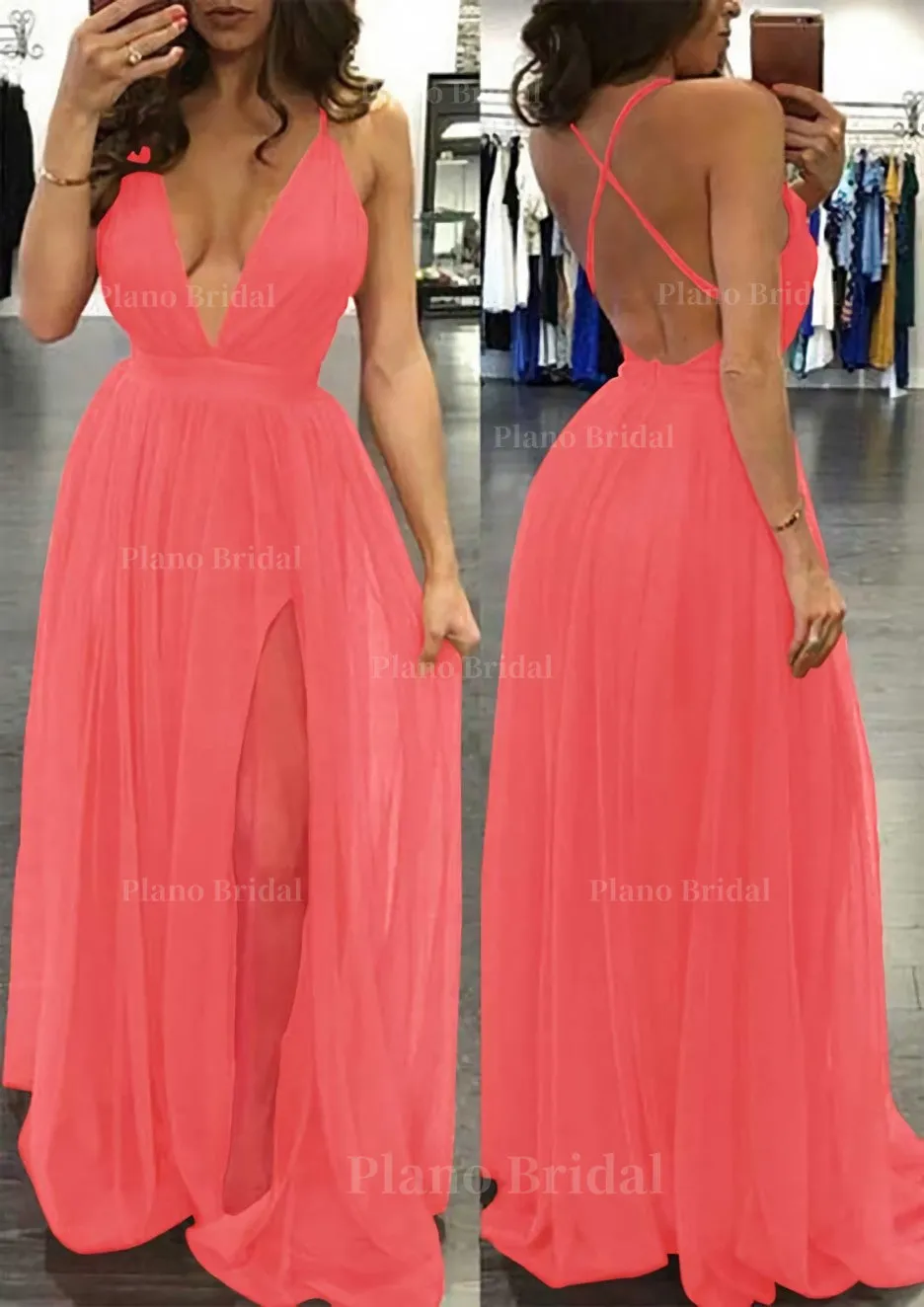 A-line/Princess V Neck Sleeveless Sweep Train Tulle Prom Dress