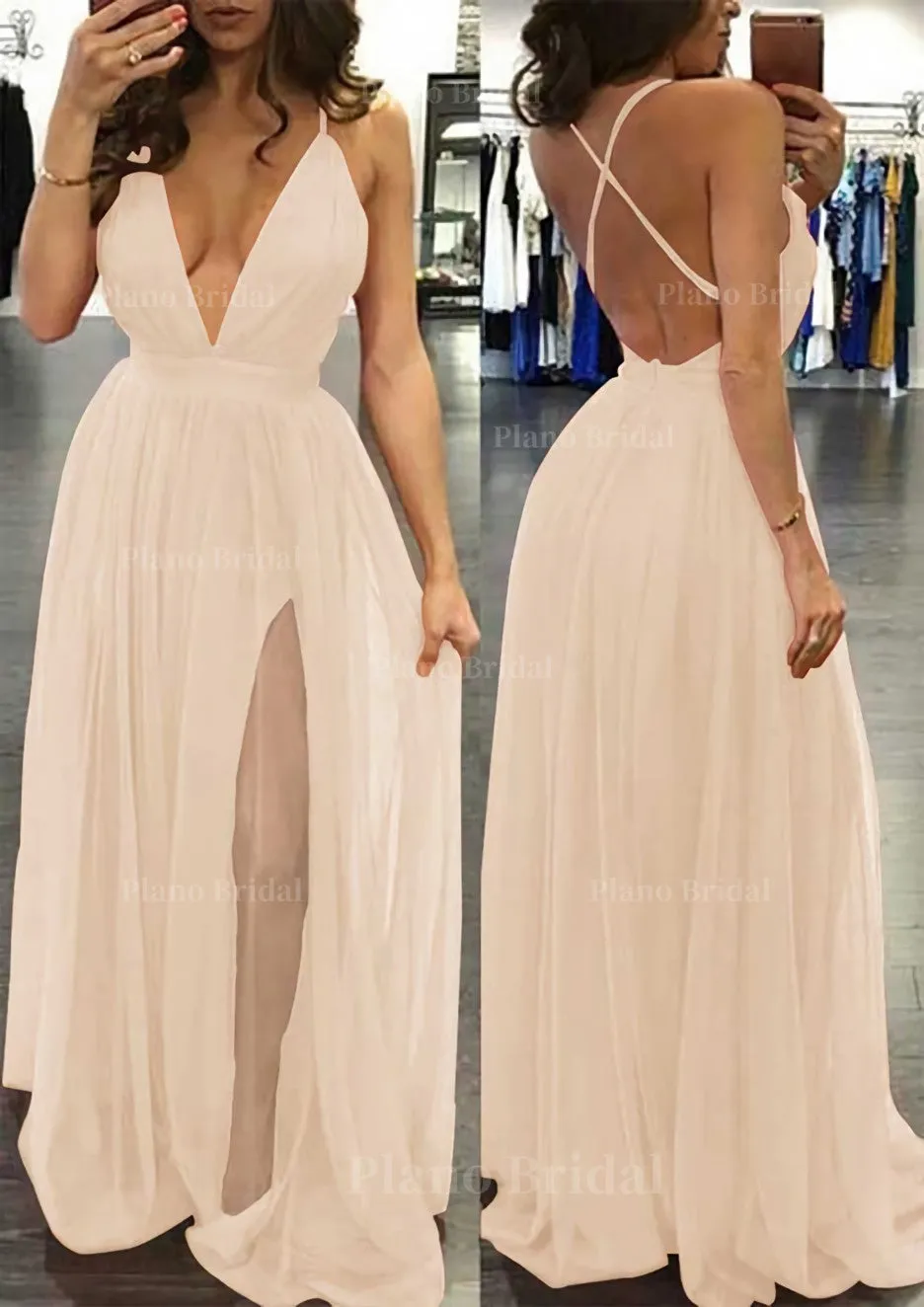 A-line/Princess V Neck Sleeveless Sweep Train Tulle Prom Dress