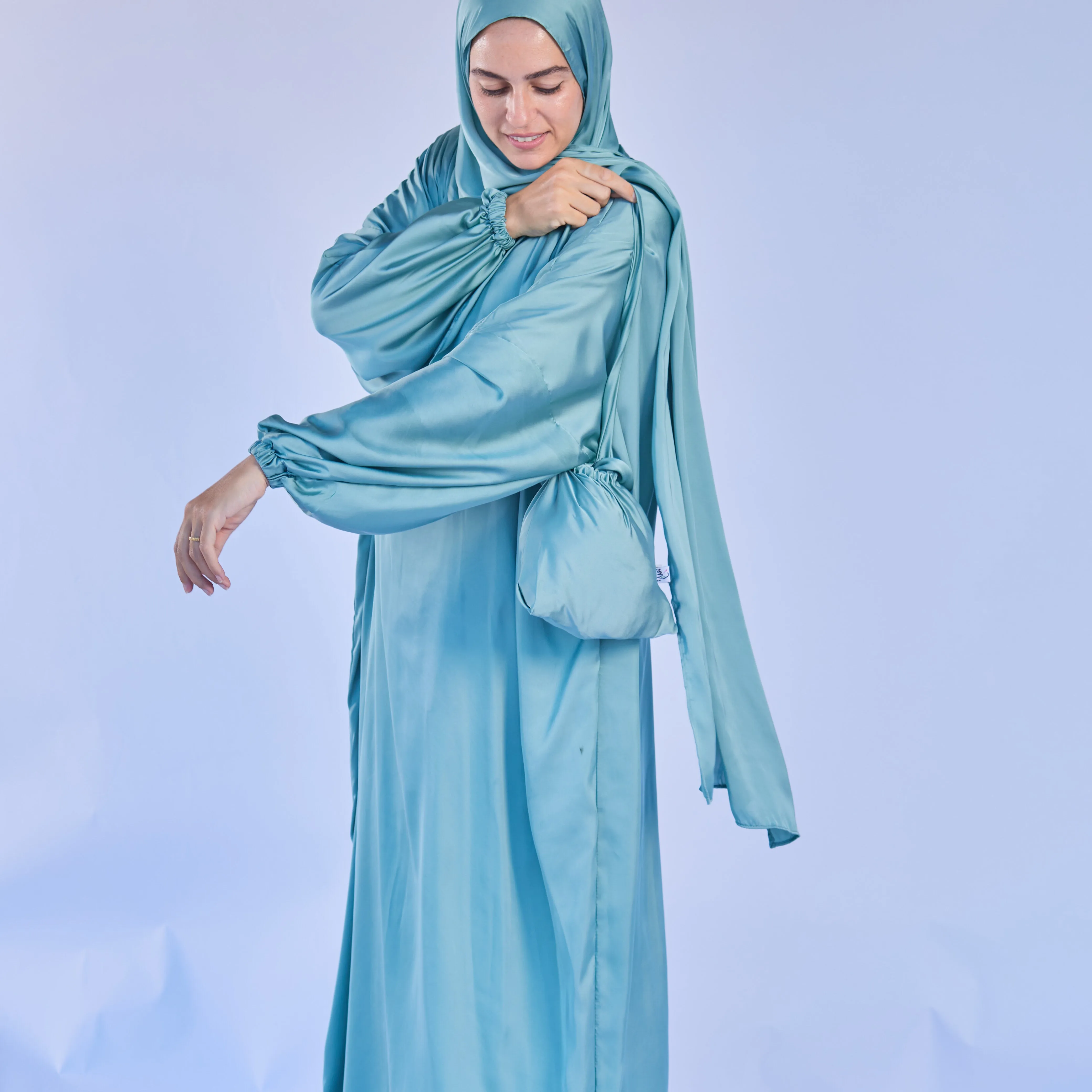 Adult Prayer Satin Blue Prayer Clothes - One Piece with a Wrap around the Head Scarf