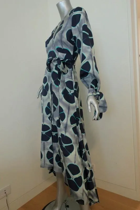 Alexis Wrap Dress Titus Gray/Navy Printed Silk Size Extra Small Long Sleeve Maxi