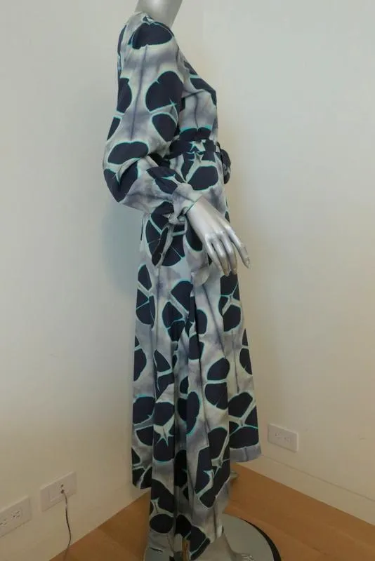 Alexis Wrap Dress Titus Gray/Navy Printed Silk Size Extra Small Long Sleeve Maxi