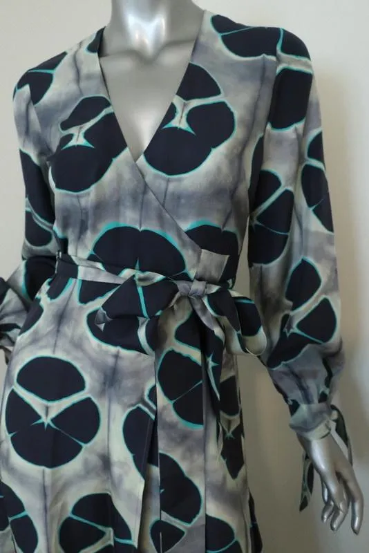 Alexis Wrap Dress Titus Gray/Navy Printed Silk Size Extra Small Long Sleeve Maxi