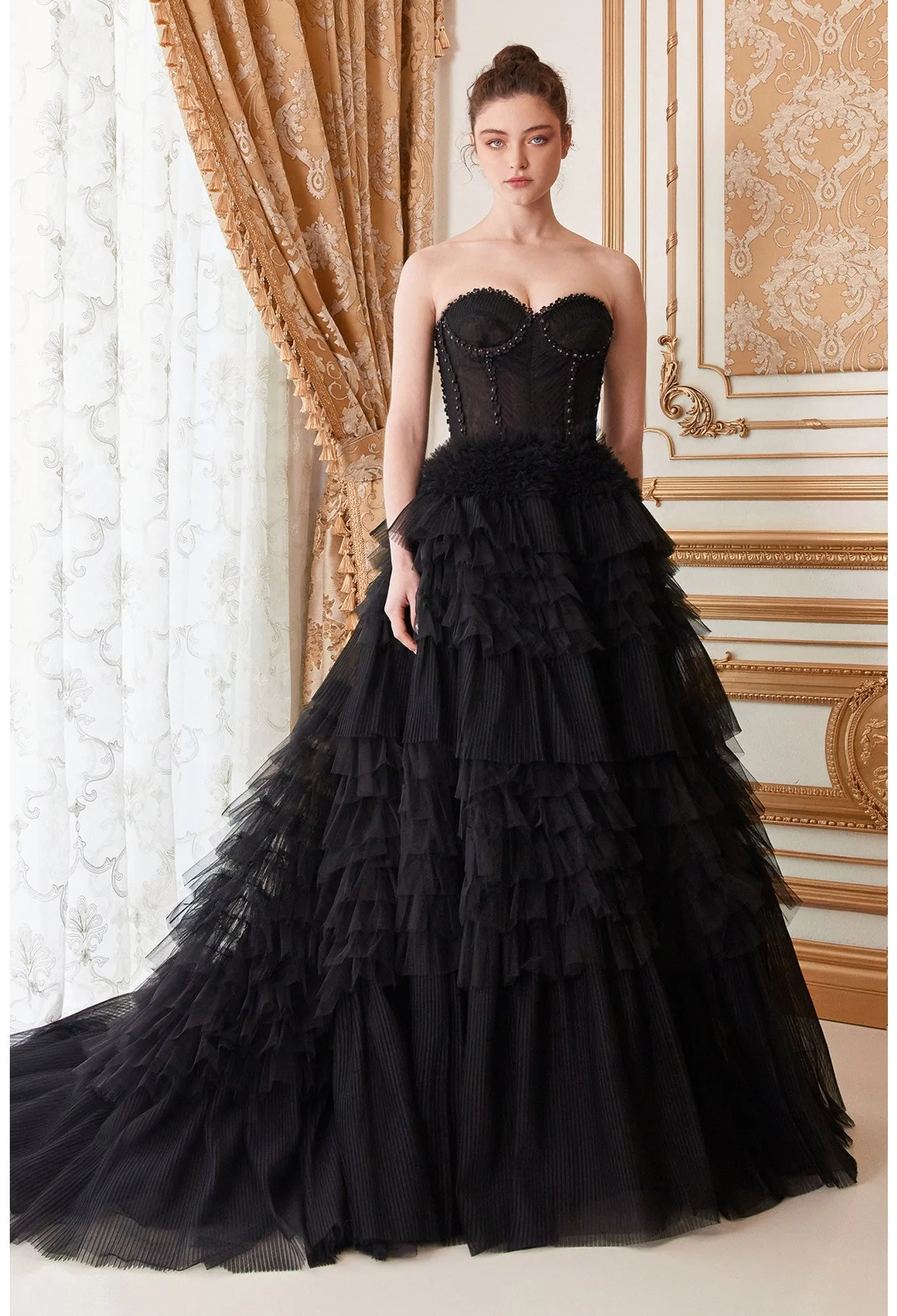 Andrea & Leo Couture A1017 Size 4 Blush Prom Dress Long Layer Pleated Ruffle BallGown Prom Dress Lace