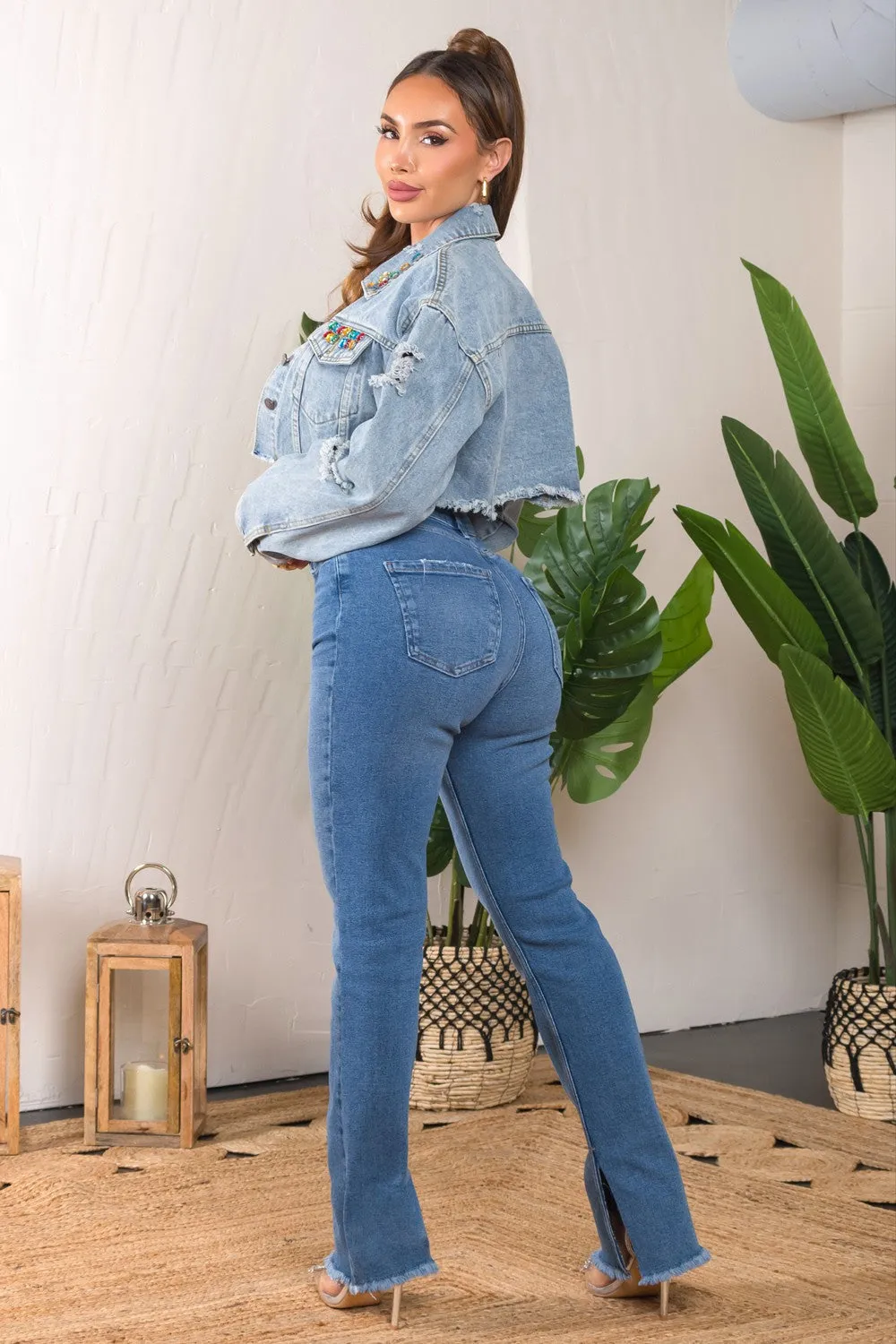 Angela Cropped denim jacket with rhinestones