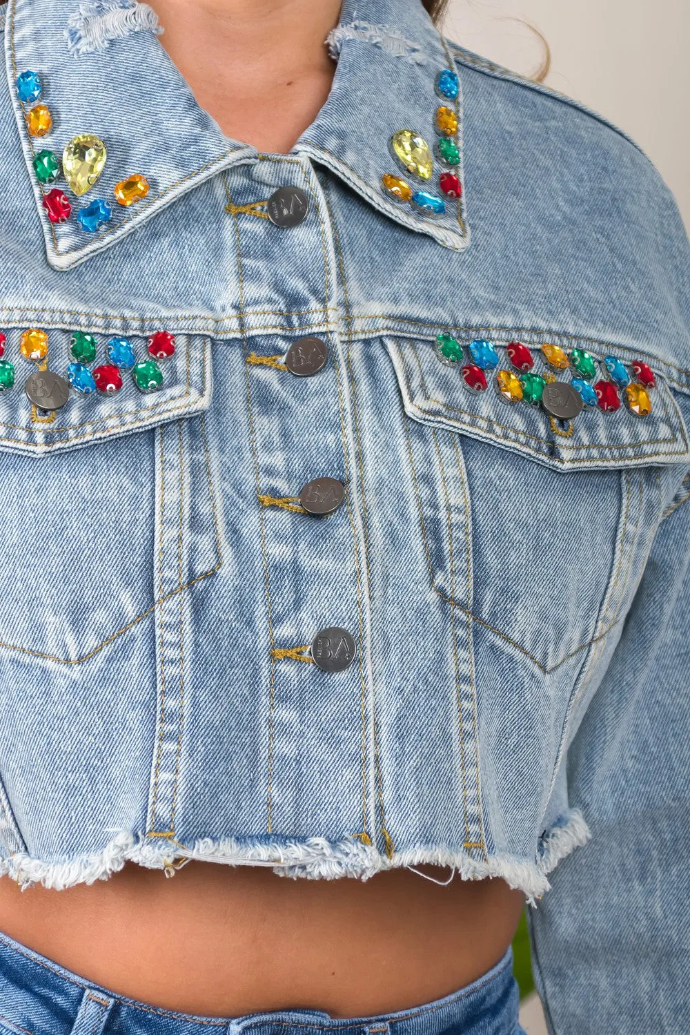 Angela Cropped denim jacket with rhinestones
