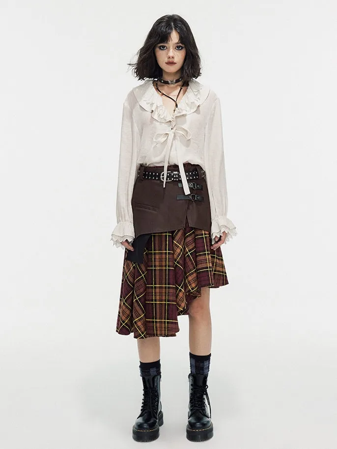 Asymmetry Checked Retro Belt Girly Flare-Skirt