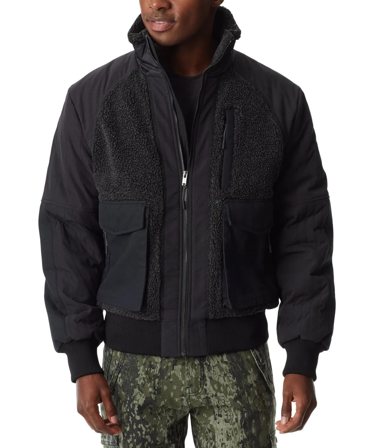 BASS OUTDOOR Mens Mixed Media Full Zip Bomber Jacket Coat Navy Blue Medium