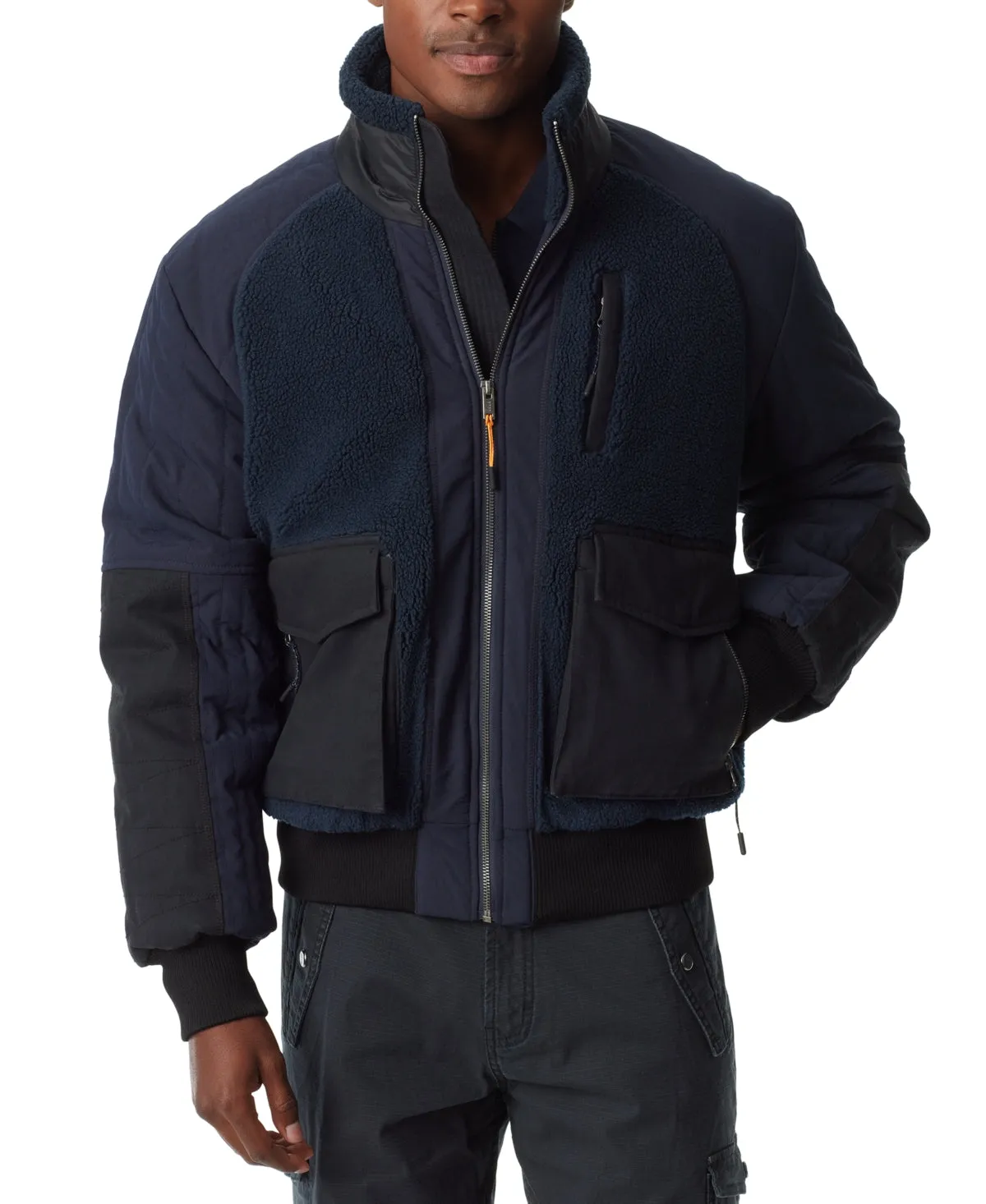 BASS OUTDOOR Mens Mixed Media Full Zip Bomber Jacket Coat Navy Blue Medium
