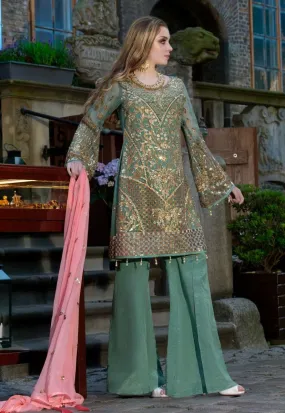 Beautiful Pakistani sequins embroidered dress in green color # P2307