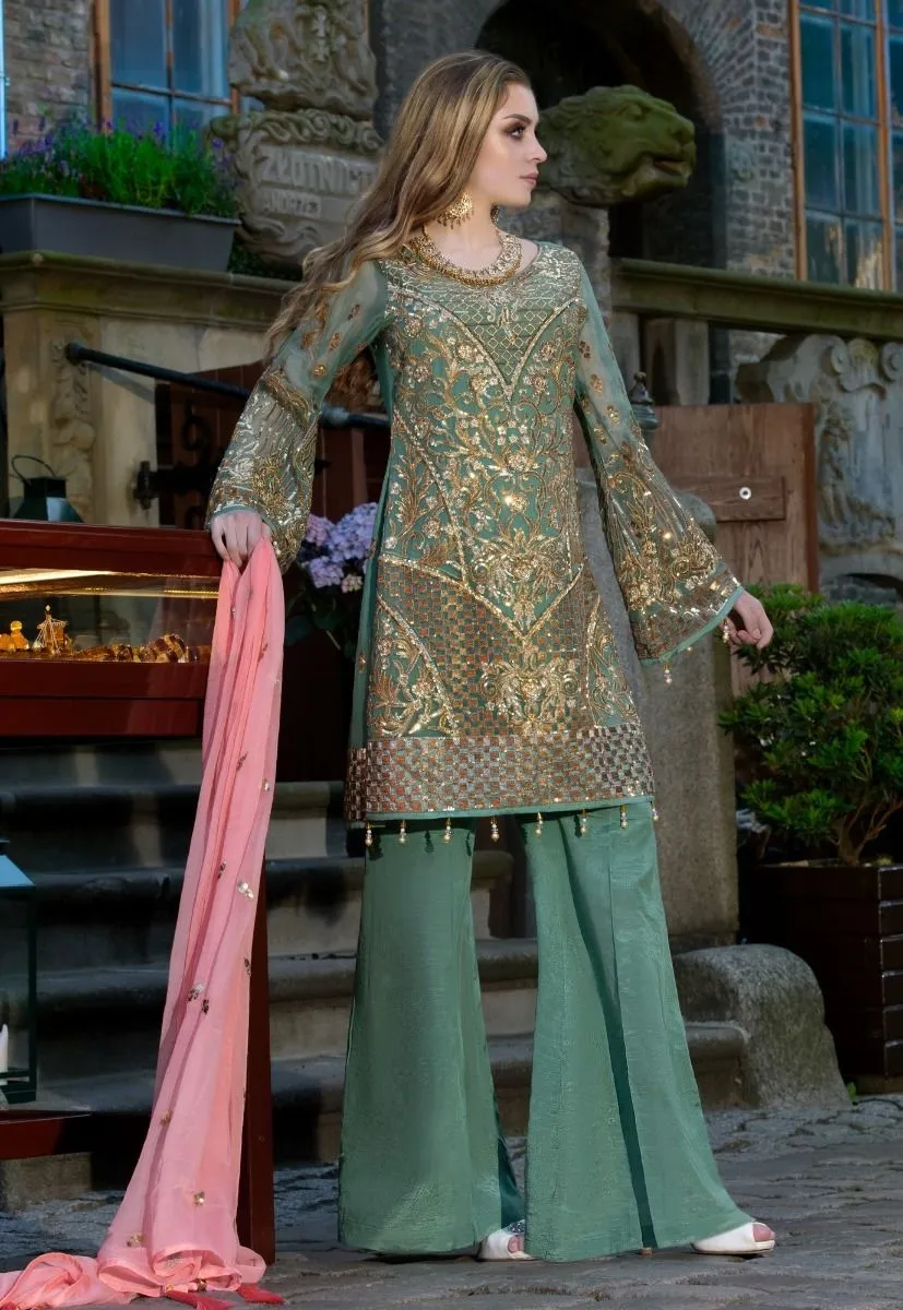 Beautiful Pakistani sequins embroidered dress in green color # P2307