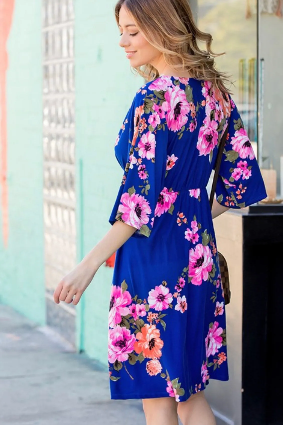 BELL SLEEVE FLORAL FAUX WRAP DRESS
