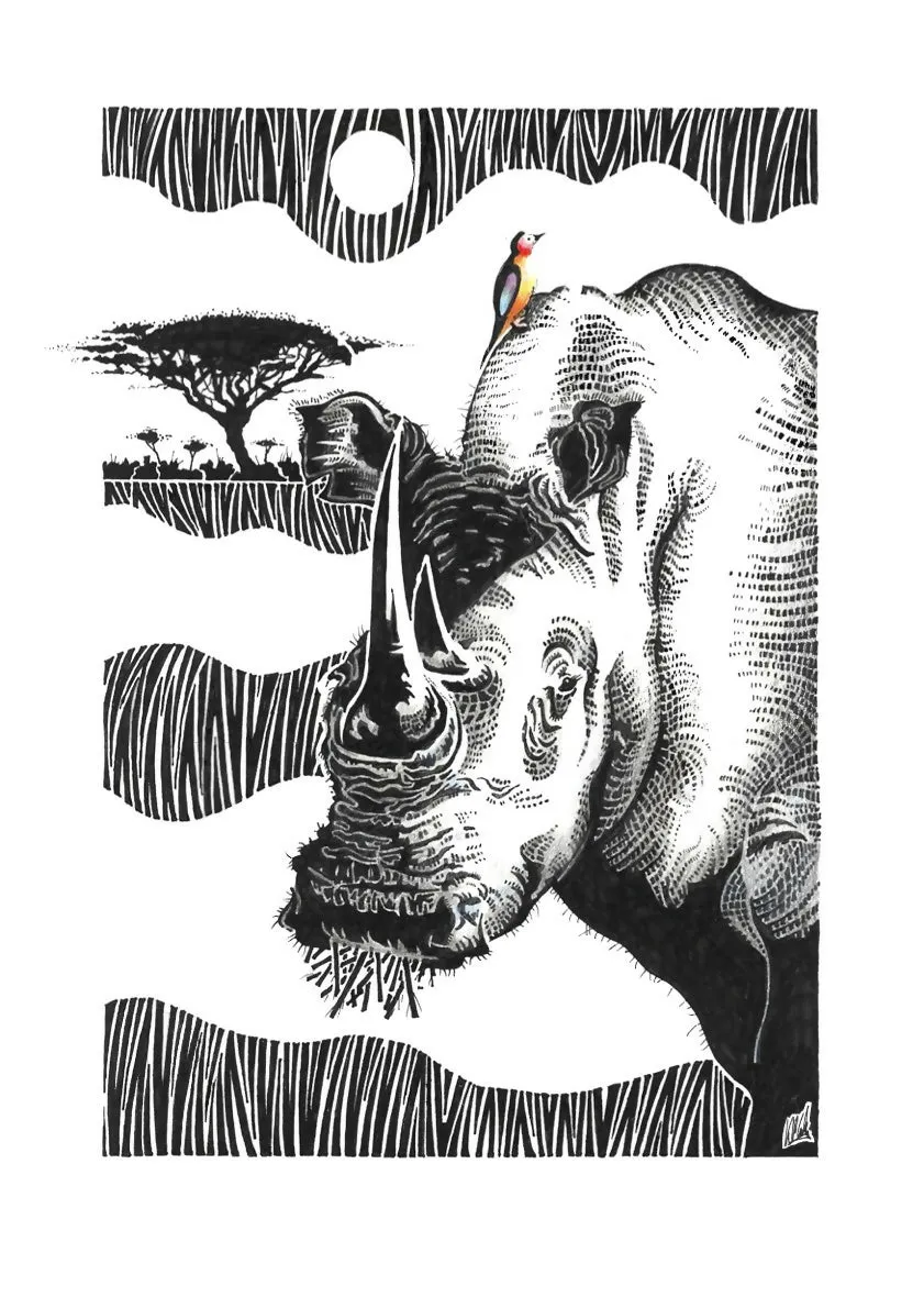 Black Rhinoceros And Friend Print - Hand Drawn Ink Line and Crayon