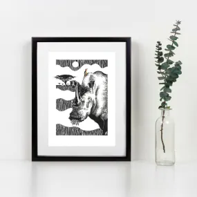 Black Rhinoceros And Friend Print - Hand Drawn Ink Line and Crayon