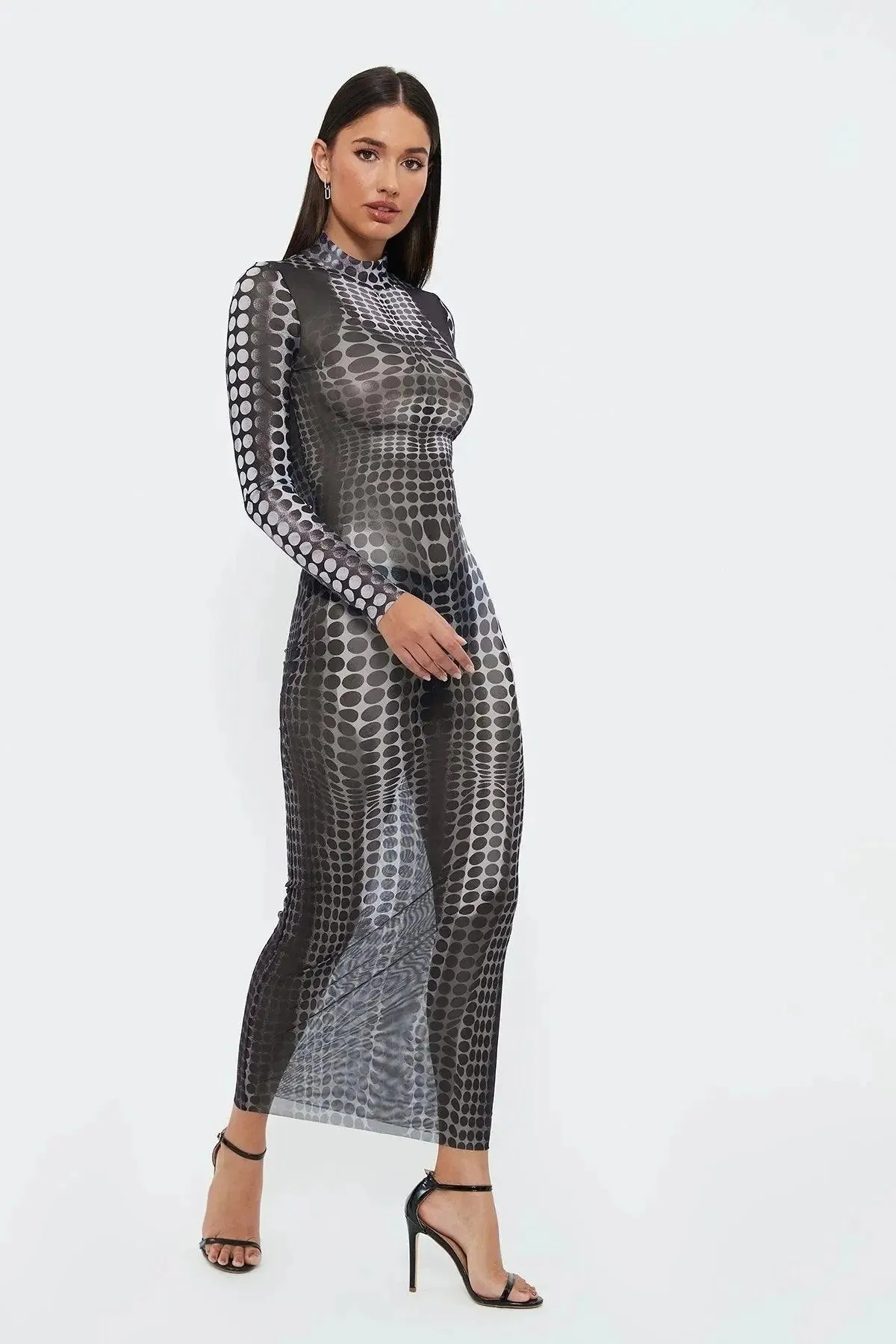 Black Sheer Illusion Polka Dot Mesh Dress