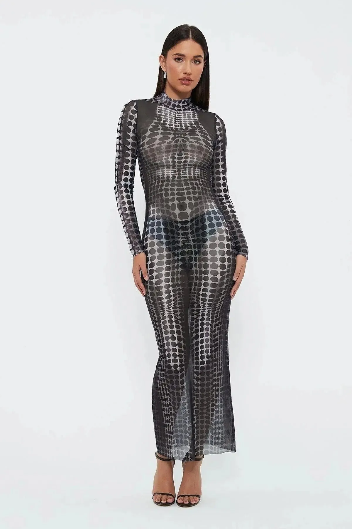 Black Sheer Illusion Polka Dot Mesh Dress