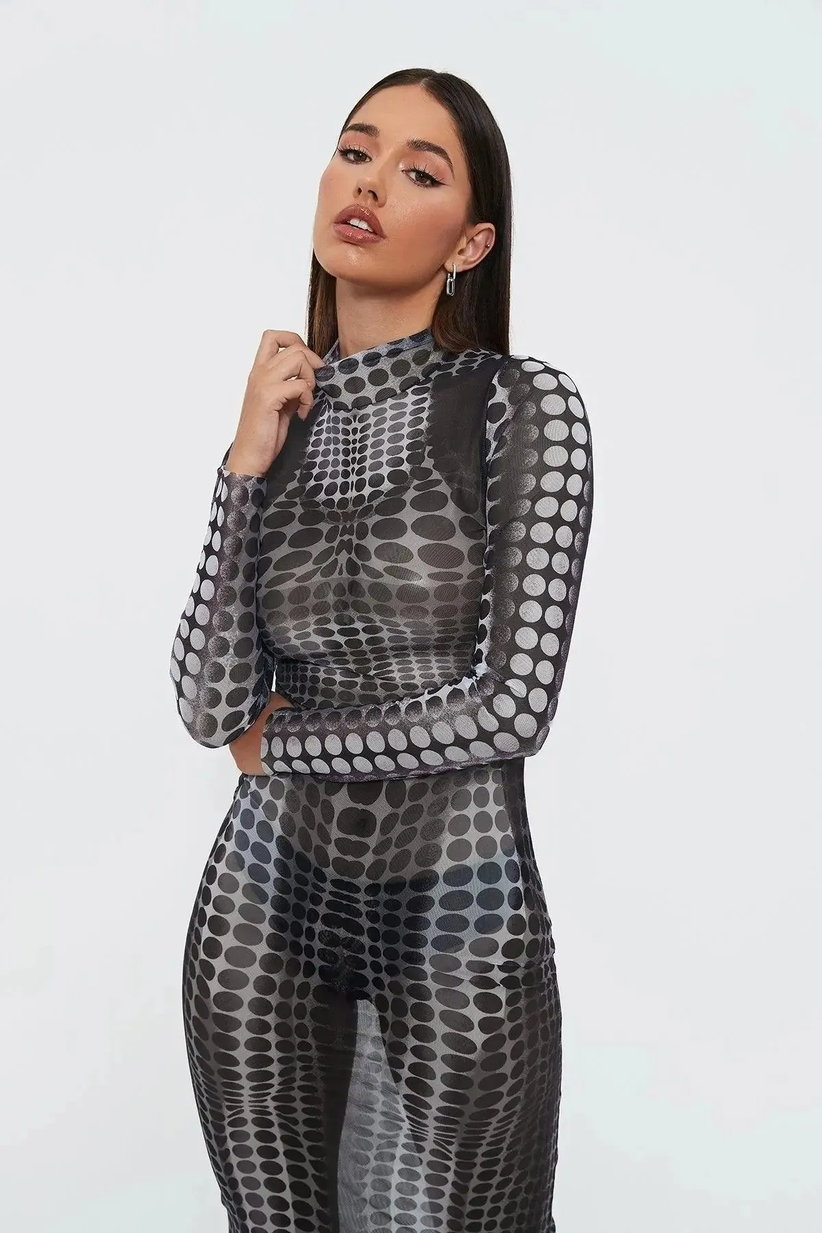Black Sheer Illusion Polka Dot Mesh Dress