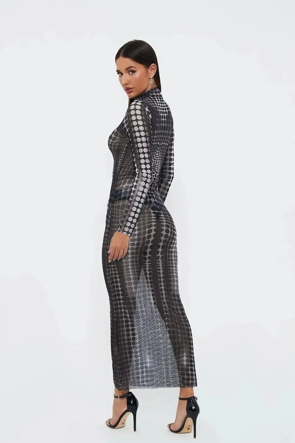 Black Sheer Illusion Polka Dot Mesh Dress