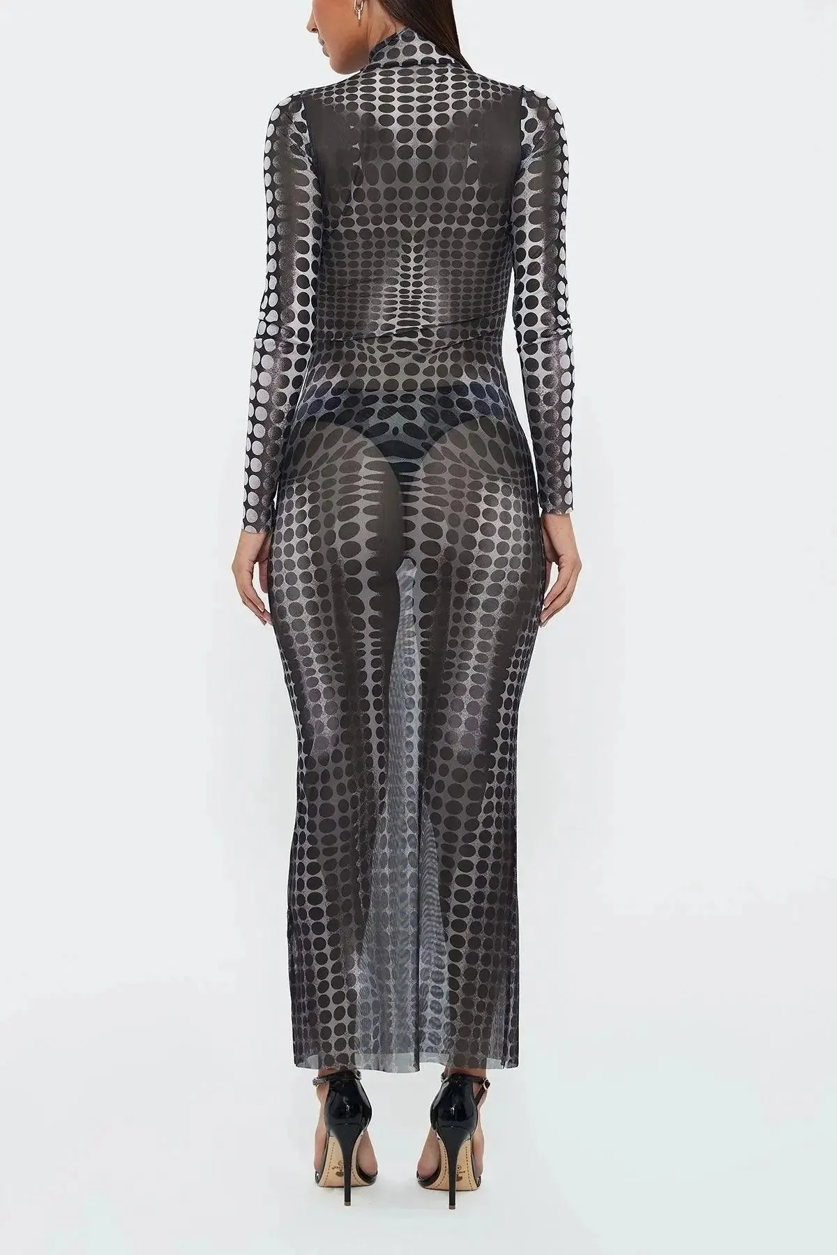 Black Sheer Illusion Polka Dot Mesh Dress