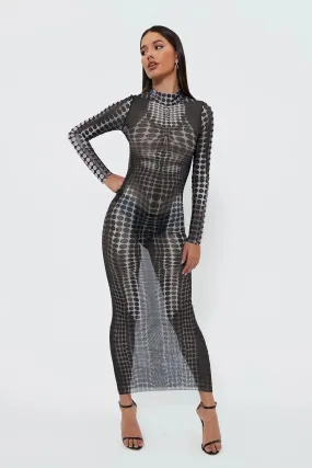 Black Sheer Illusion Polka Dot Mesh Dress