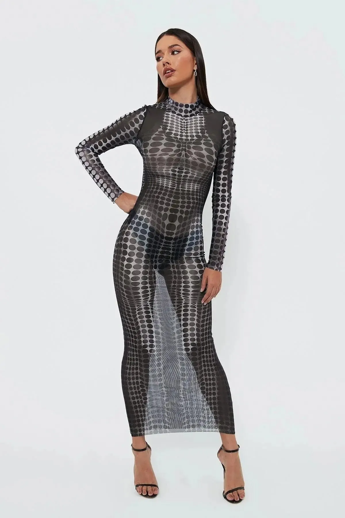 Black Sheer Illusion Polka Dot Mesh Dress