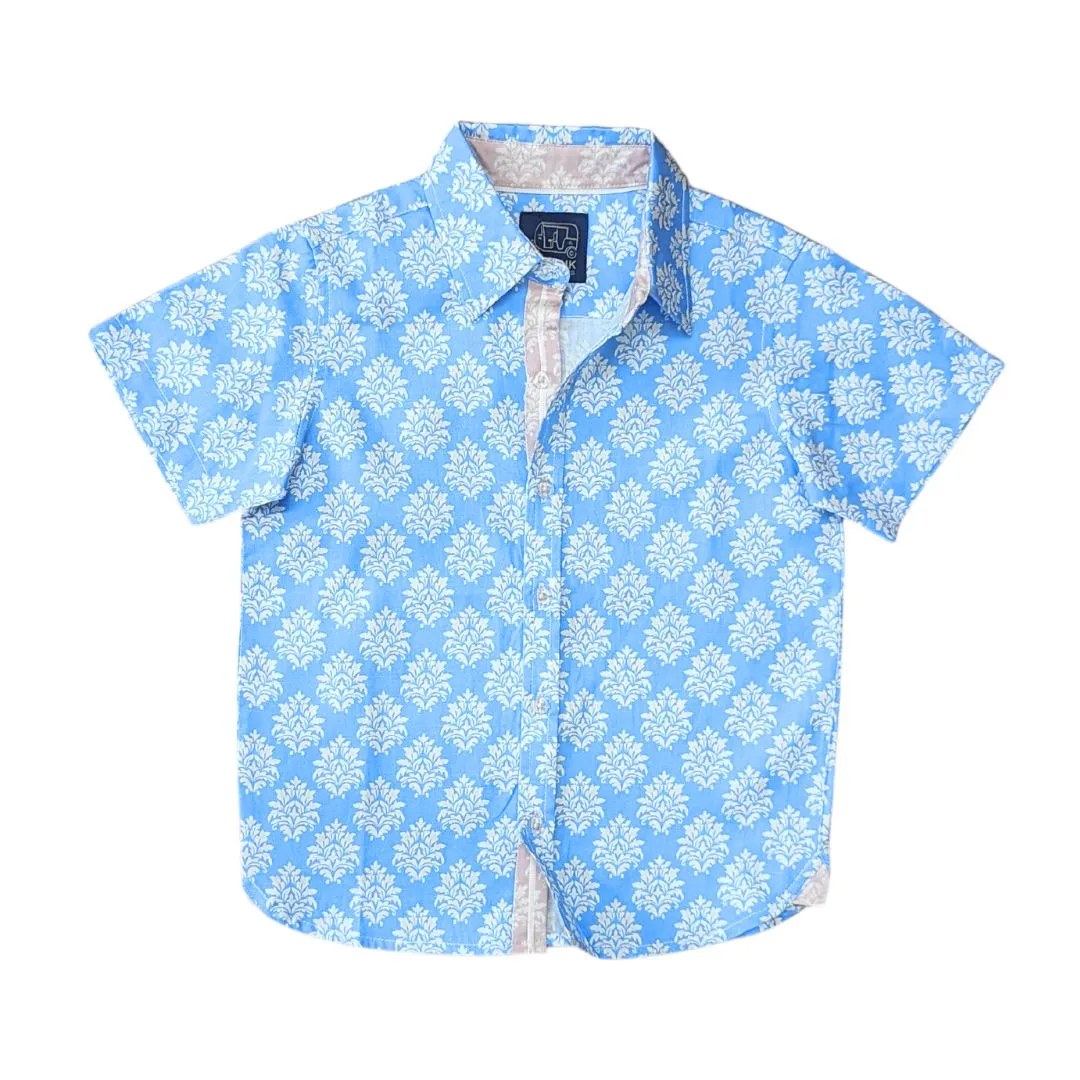 Blue Block Print Shirt in Short Sleeves