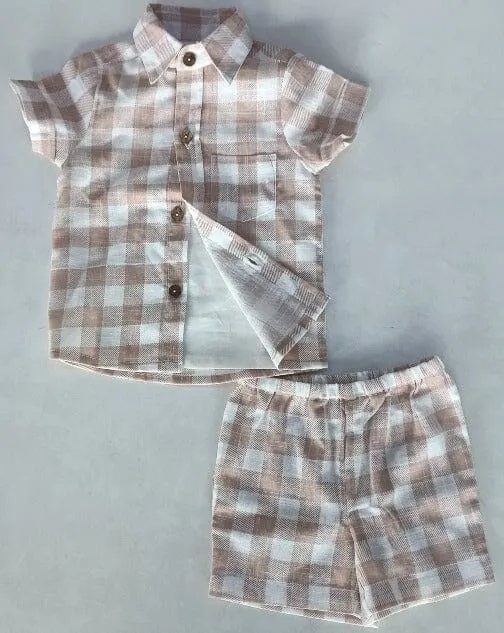 Blush Checkered Printed Boys Shirt   Shorts   Off-White Inner shirt 3pc set