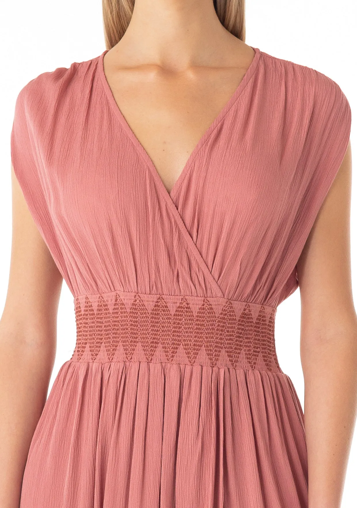 Bohemian Surplice Smocked Tie Back Maxi Dress