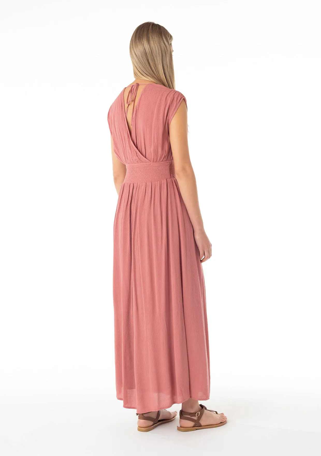 Bohemian Surplice Smocked Tie Back Maxi Dress