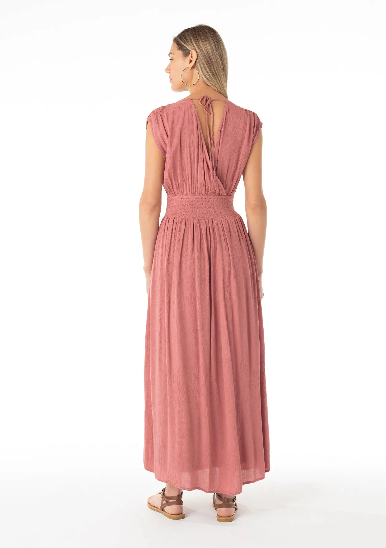 Bohemian Surplice Smocked Tie Back Maxi Dress