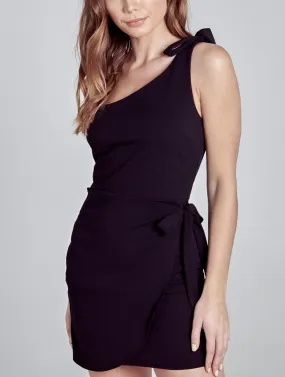 Bow Faux Wrap One Shoulder Mini Dress