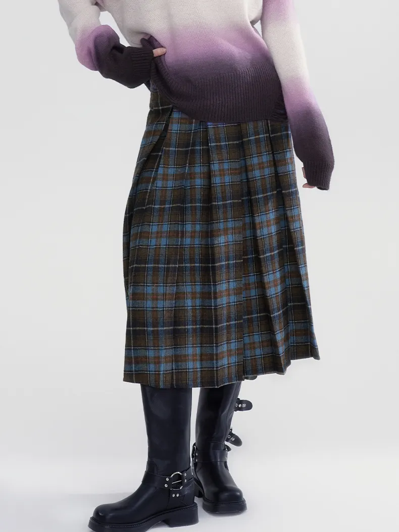 Box-Pleats Checked Girly Retro Flare Long-Skirt