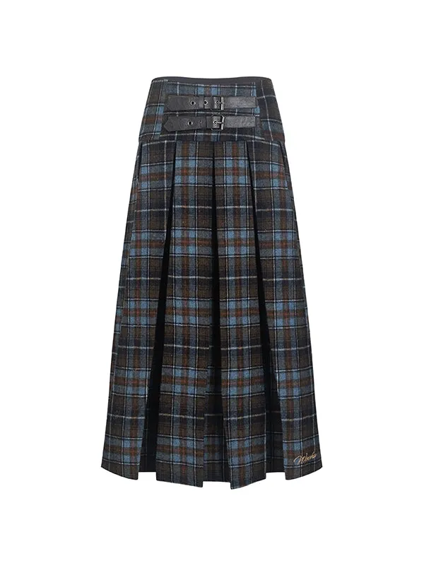 Box-Pleats Checked Girly Retro Flare Long-Skirt