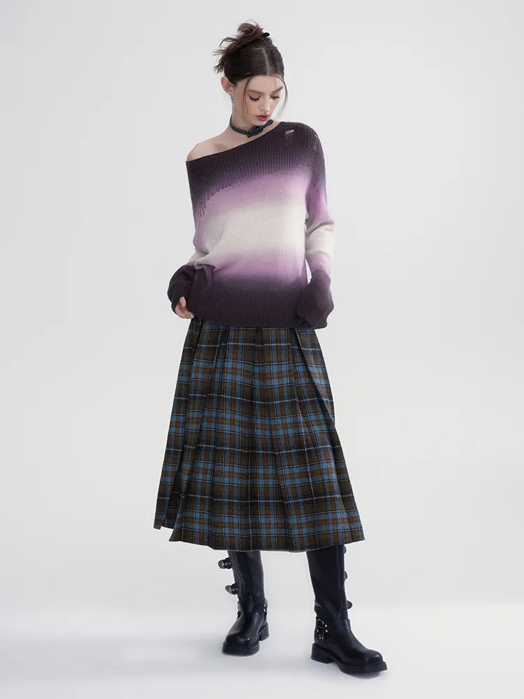 Box-Pleats Checked Girly Retro Flare Long-Skirt
