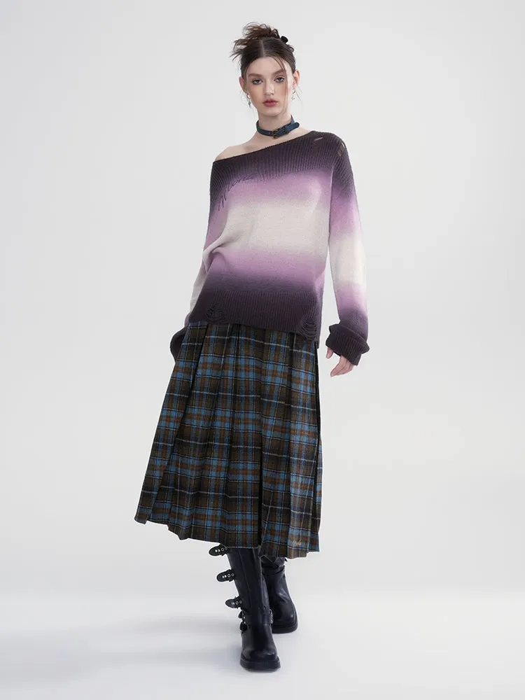 Box-Pleats Checked Girly Retro Flare Long-Skirt