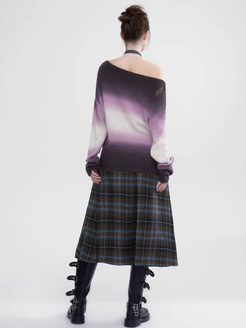 Box-Pleats Checked Girly Retro Flare Long-Skirt