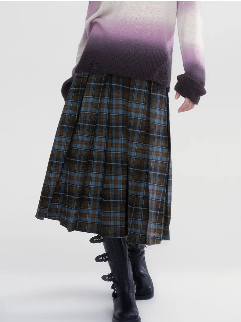 Box-Pleats Checked Girly Retro Flare Long-Skirt