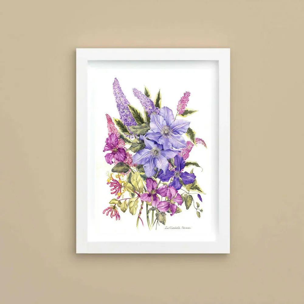 Buddleja and Clematis - Lithographic Print